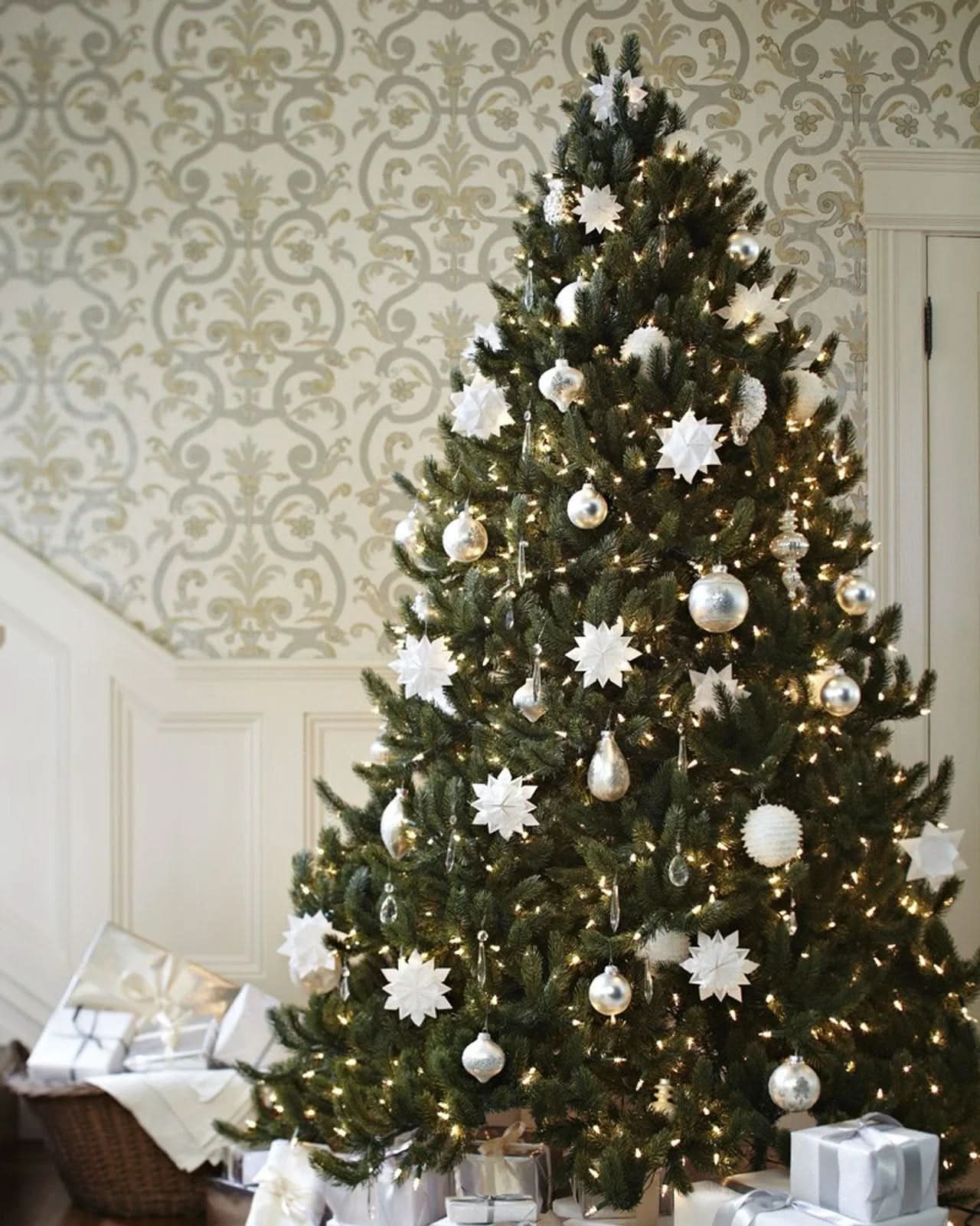 Vermont White Spruce Christmas Tree with Hinged Branches, Metal Stand and Built-in Micro LEDs