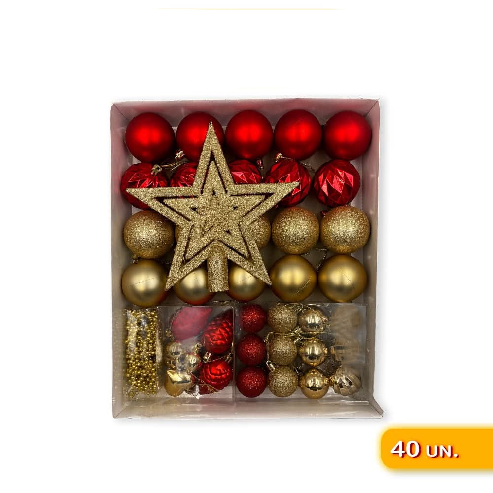 Complete Gold and Red Christmas Decorations Kit with Star Balls