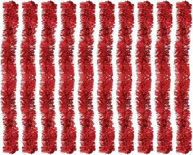 Kit of 10 Metallic Garlands with 7 Ribbons, 5cm x 2 Meters, Christmas Decoration, Party Ornament (Red)
