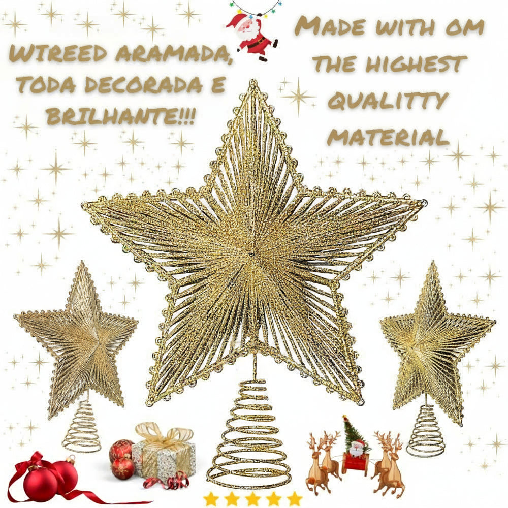 Estrela 24cm Brilhante Aramada Com Glitter Para Árvore De Natal Metalizado